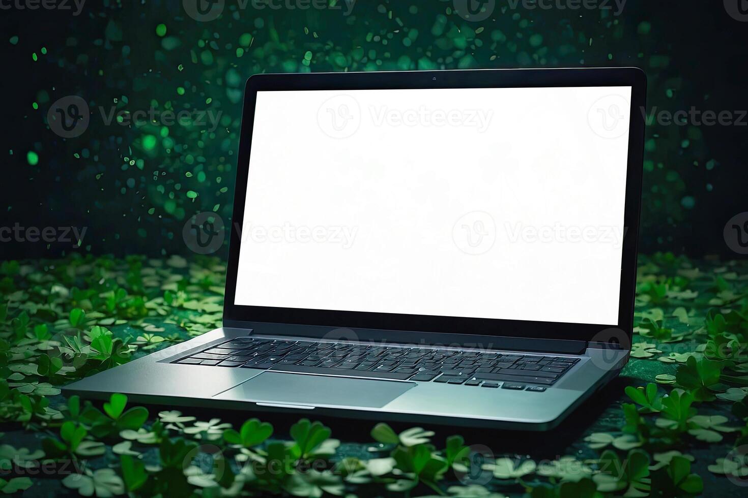 AI generated Laptop with a white blank mock up screen in green clover for St. Patrick's Day. Seasonal remote work, internet, a holiday card, shopping, Luck, green house. AI generated photo