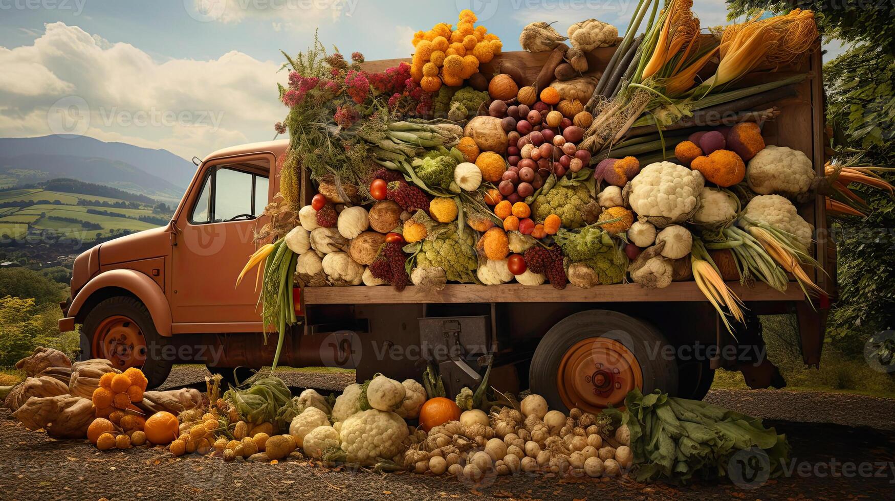 AI generated Old truck with an autumn harvest of vegetables and herbs on a plantation - a harvest festival, a roadside market selling natural eco-friendly farm products. AI generated photo
