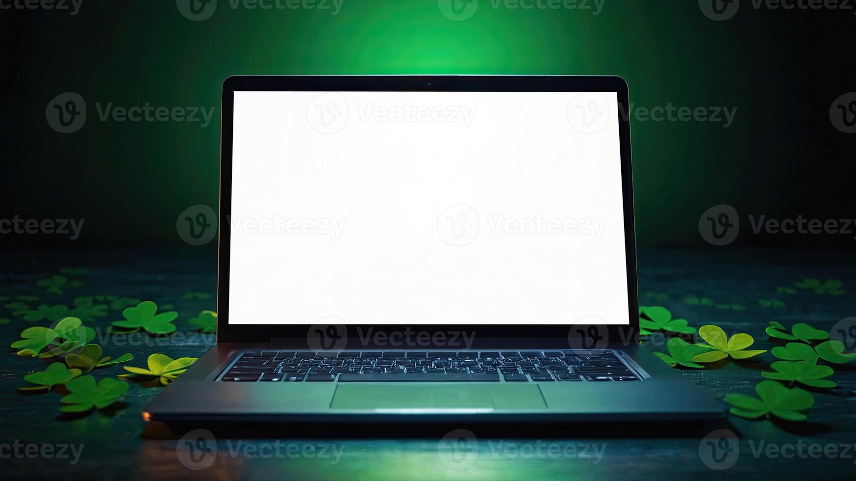 AI generated Laptop with a white blank mock up screen in green clover for St. Patrick's Day. Seasonal remote work, internet, a holiday card, shopping, Luck, green house. AI generated photo