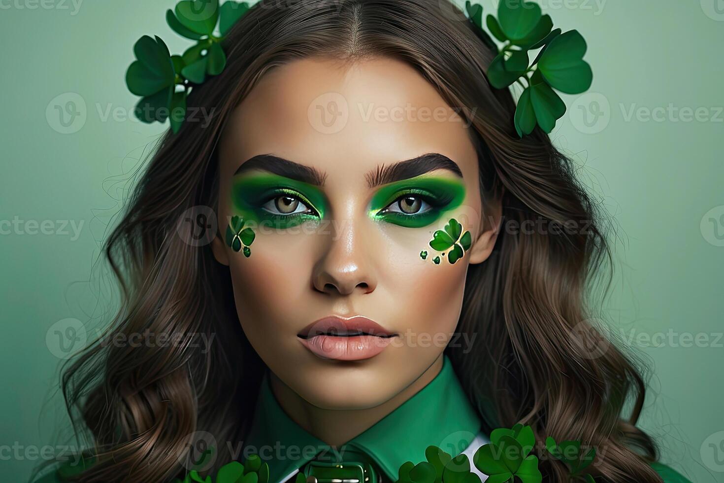 AI generated Makeup and hairstyle of a young woman in green with clover leaves for St. Patrick's Day. Close-up beauty portrait. AI generated photo