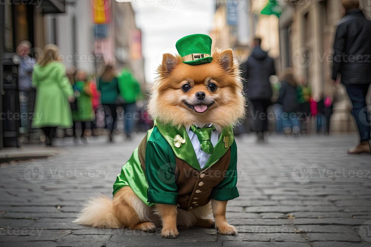 AI generated A ginger dog of the German Spitz breed in a green suit with clover for the St. Patrick's Day holiday on the street of the city. Clothes for small breeds of dogs, party. AI generated photo