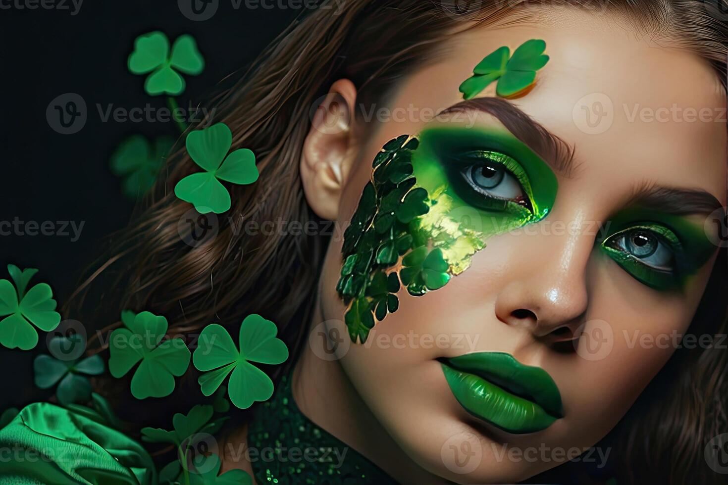 AI generated Makeup and hairstyle of a young woman in green with clover leaves for St. Patrick's Day. Close-up beauty portrait. AI generated photo