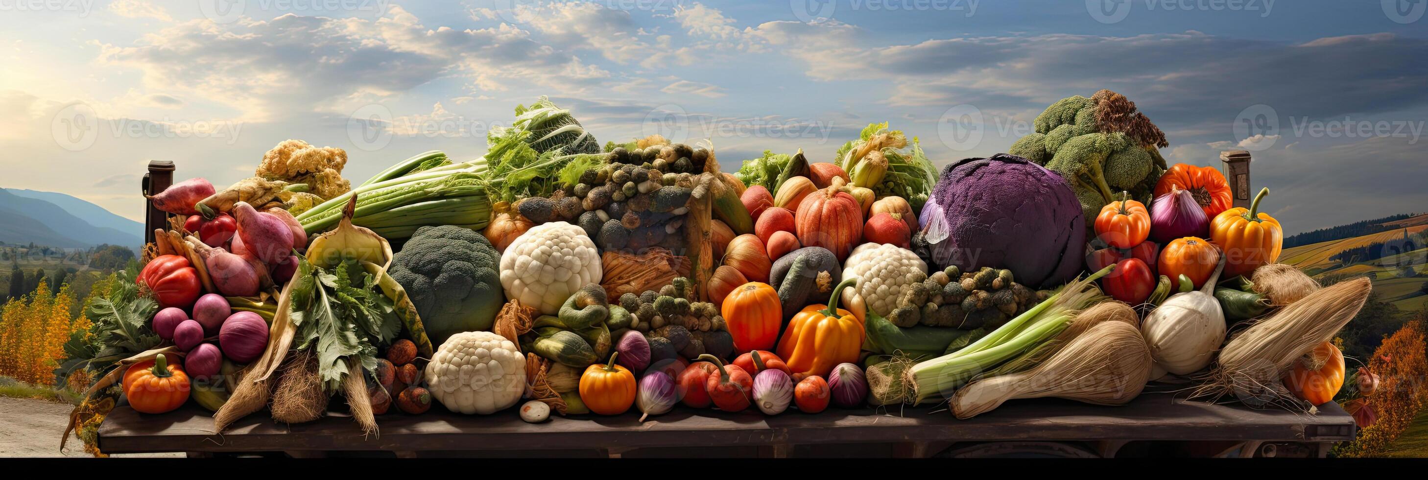AI generated Old truck with an autumn harvest of vegetables and herbs on a plantation - a harvest festival, a roadside market selling natural eco-friendly farm products. AI generated photo
