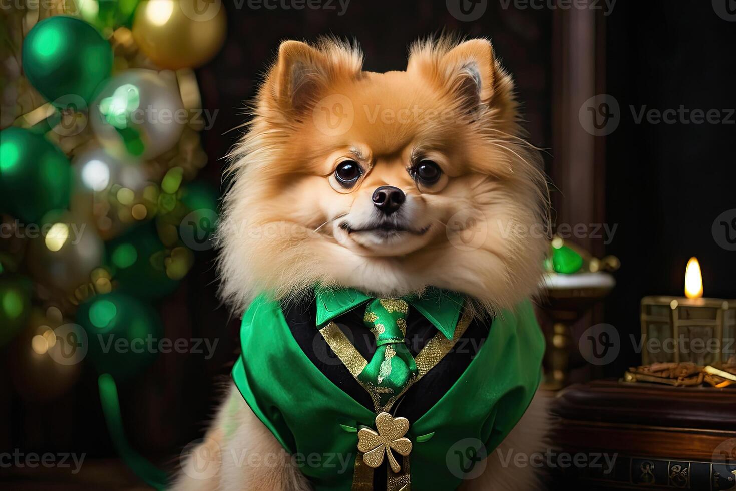 AI generated A ginger dog of the German Spitz breed in a green suit with clover for the St. Patrick's Day holiday. Clothes for small breeds of dogs, party. AI generated photo