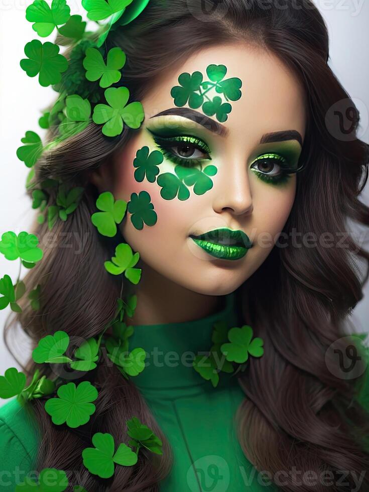 AI generated Makeup and hairstyle of a young woman in green with clover leaves for St. Patrick's Day. Close-up beauty portrait. AI generated photo