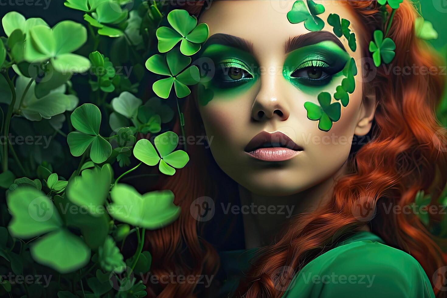 AI generated Makeup and hairstyle of a young woman in green with clover leaves for St. Patrick's Day. Close-up beauty portrait. AI generated photo