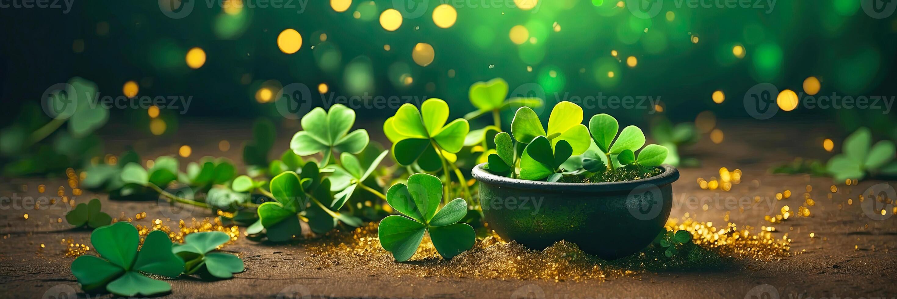 AI generated Background of green clover and gold dust for St. Patrick's Day. Patrick Day Banner. AI generated photo