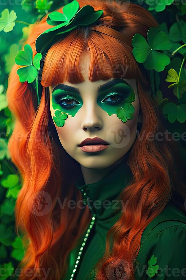 ai generado maquillaje y peinado de un joven mujer en verde con trébol hojas para S t. patrick's día. de cerca belleza retrato. ai generado foto