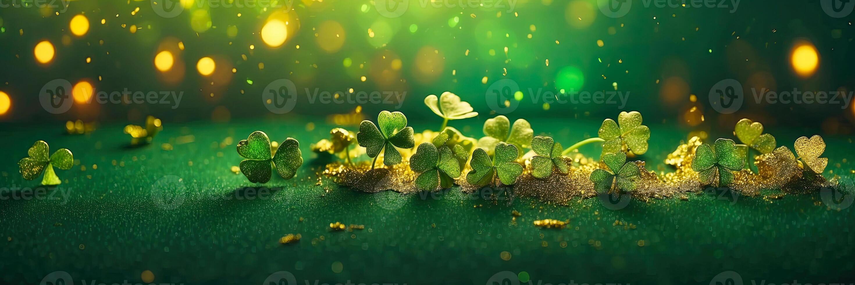 AI generated Background of green clover and gold dust for St. Patrick's Day. Patrick Day Banner. AI generated photo