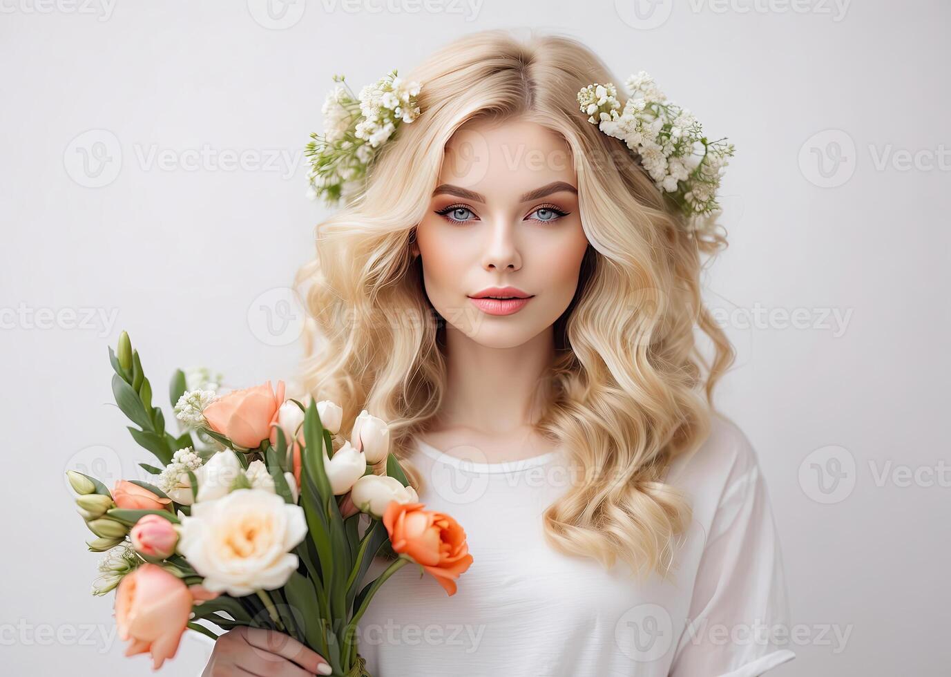 AI generated A young blonde woman with a hairstyle of spring flowers in her hair on a white solid background. Feminine beauty portrait, makeup, hairstyle, stylist, feminine energy. AI generated photo
