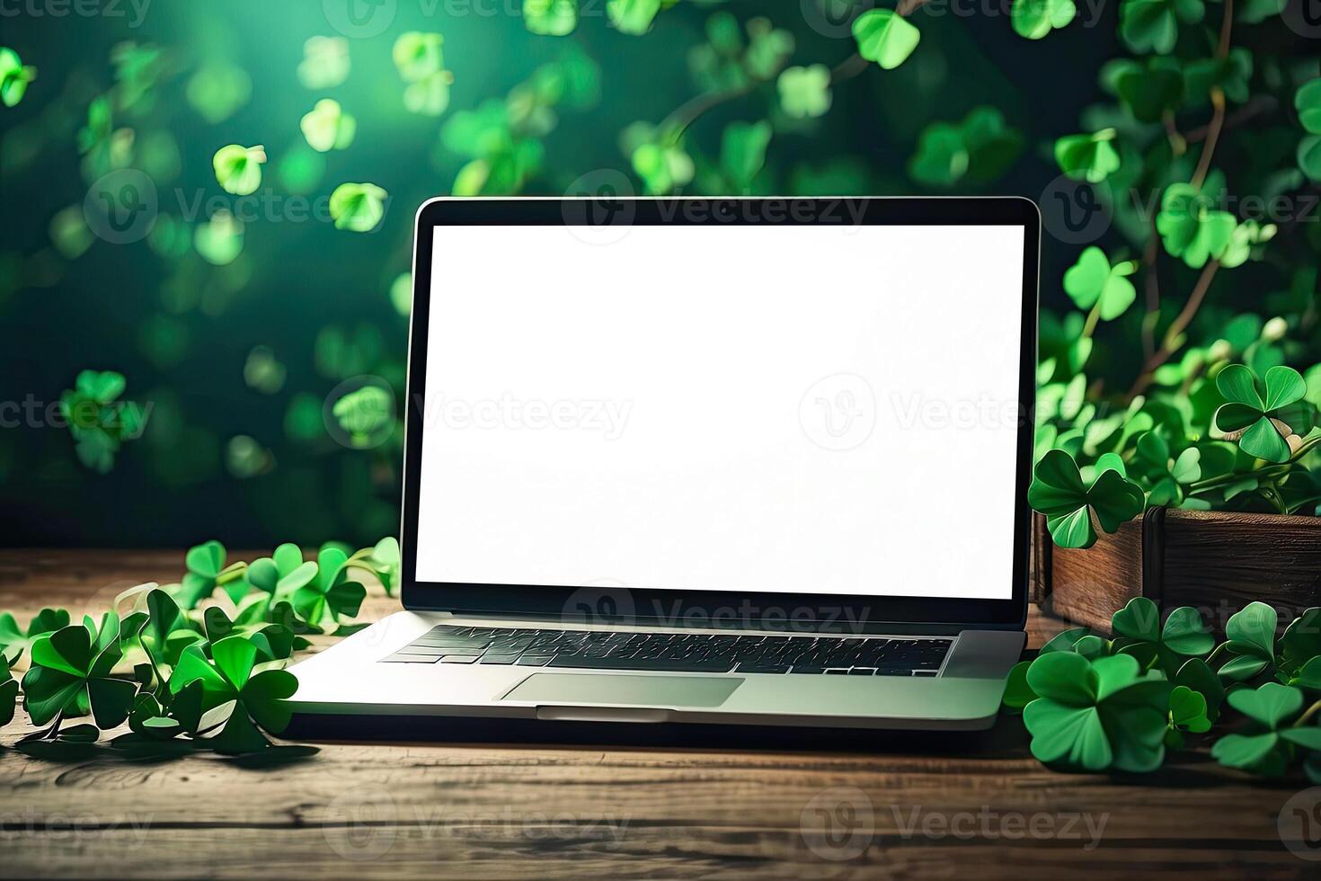AI generated Laptop with a white blank mock up screen in green clover for St. Patrick's Day. Seasonal remote work, internet, a holiday card, shopping, Luck, green house. AI generated photo