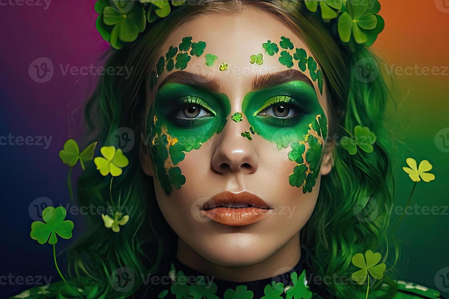 AI generated Makeup and hairstyle of a young woman in green with clover leaves for St. Patrick's Day. Close-up beauty portrait. AI generated photo