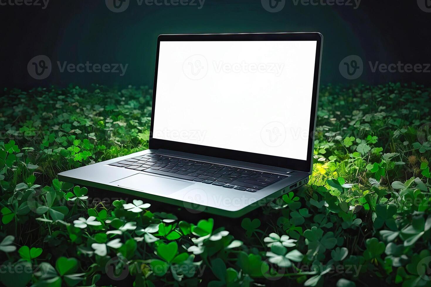 AI generated Laptop with a white blank mock up screen in green clover for St. Patrick's Day. Seasonal remote work, internet, a holiday card, shopping, Luck, green house. AI generated photo