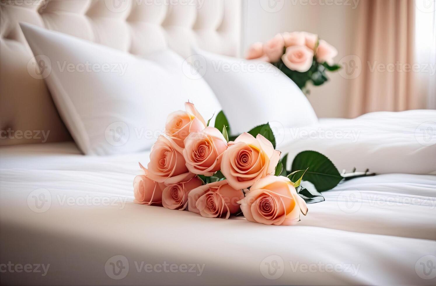 AI generated A bouquet of tea roses lies on a white bed in a bright bedroom. A gift for your beloved, Valentine's day, birthday, date. Copy space. AI generated photo