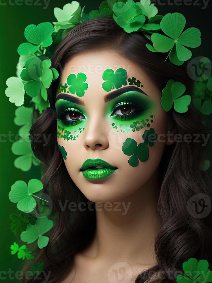 AI generated Makeup and hairstyle of a young woman in green with clover leaves for St. Patrick's Day. Close-up beauty portrait. AI generated photo