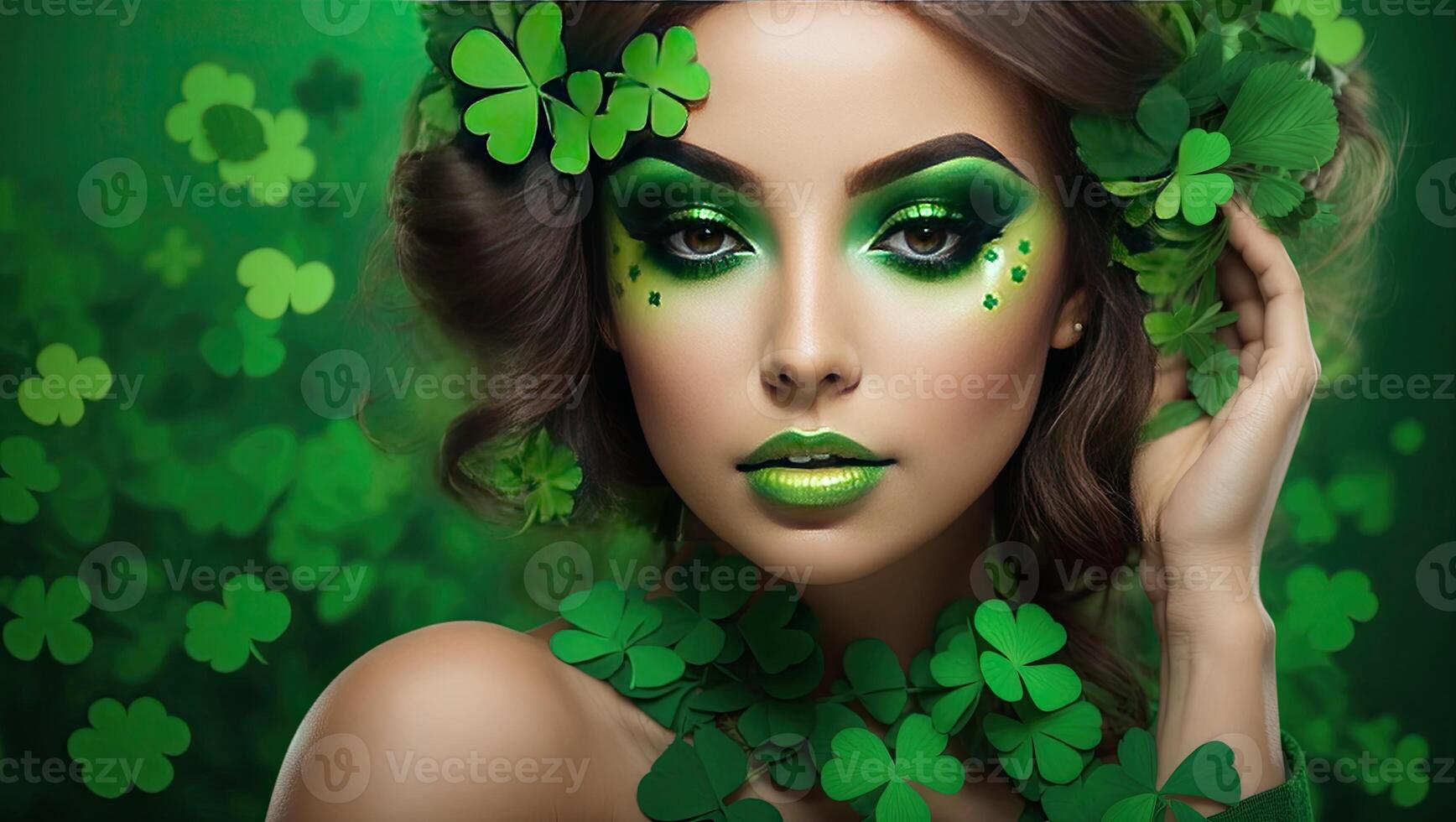 AI generated Makeup and hairstyle of a young woman in green with clover leaves for St. Patrick's Day. Close-up beauty portrait. AI generated photo