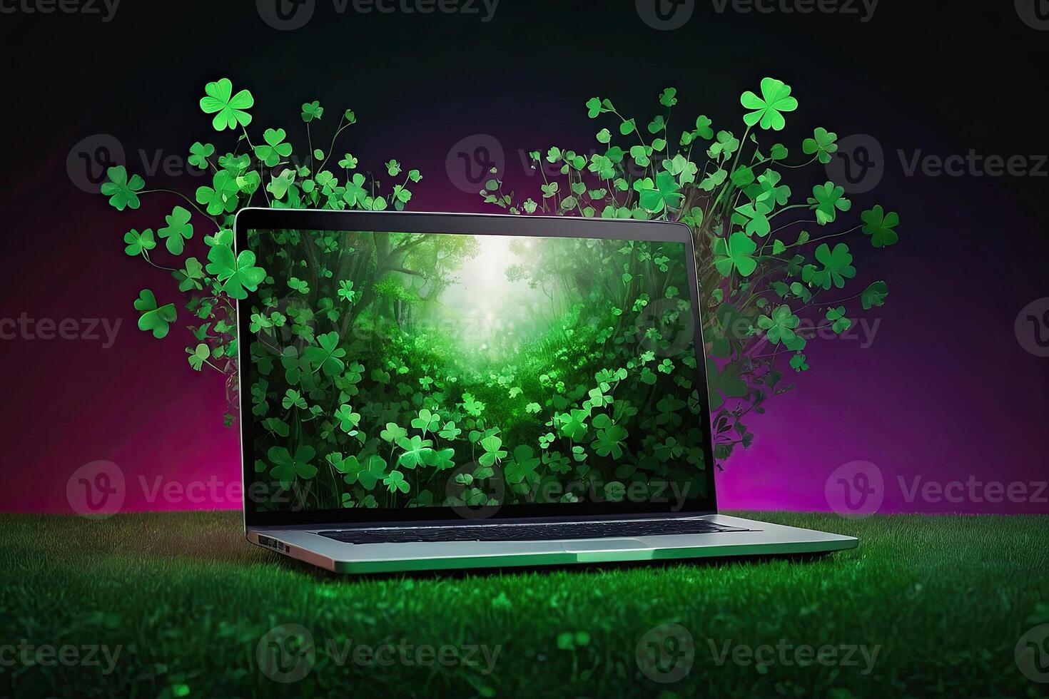 AI generated Laptop with a green clover on the monitor in a magical decor for St. Patrick's Day. Seasonal remote work, internet, a holiday card, shopping, Luck, green house. AI generated photo