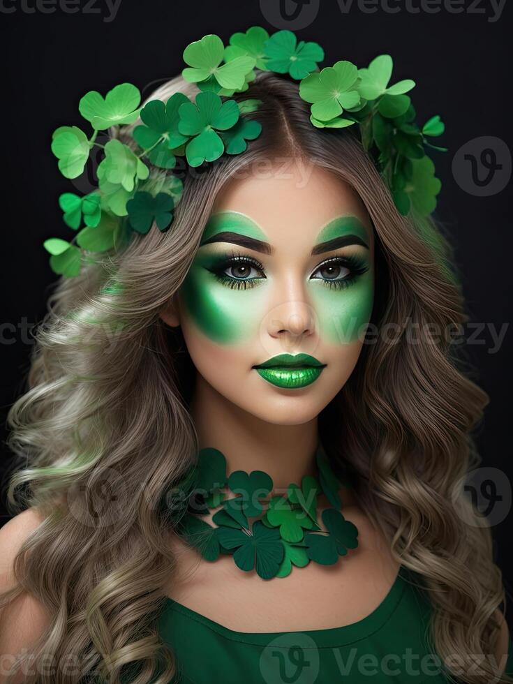 AI generated Makeup and hairstyle of a young woman in green with clover leaves for St. Patrick's Day. Close-up beauty portrait. AI generated photo