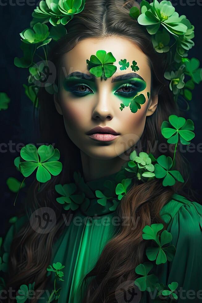 AI generated Makeup and hairstyle of a young woman in green with clover leaves for St. Patrick's Day. Close-up beauty portrait. AI generated photo