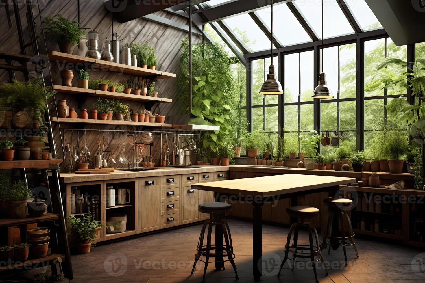 AI generated The interior of the loft-style kitchen with lots of green potted plants. Green house, modern kitchen. ai generated photo