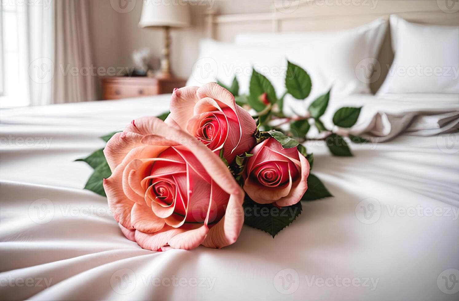 AI generated A bouquet of tea roses lies on a white bed in a bright bedroom. A gift for your beloved, Valentine's day, birthday, date. Copy space. AI generated photo