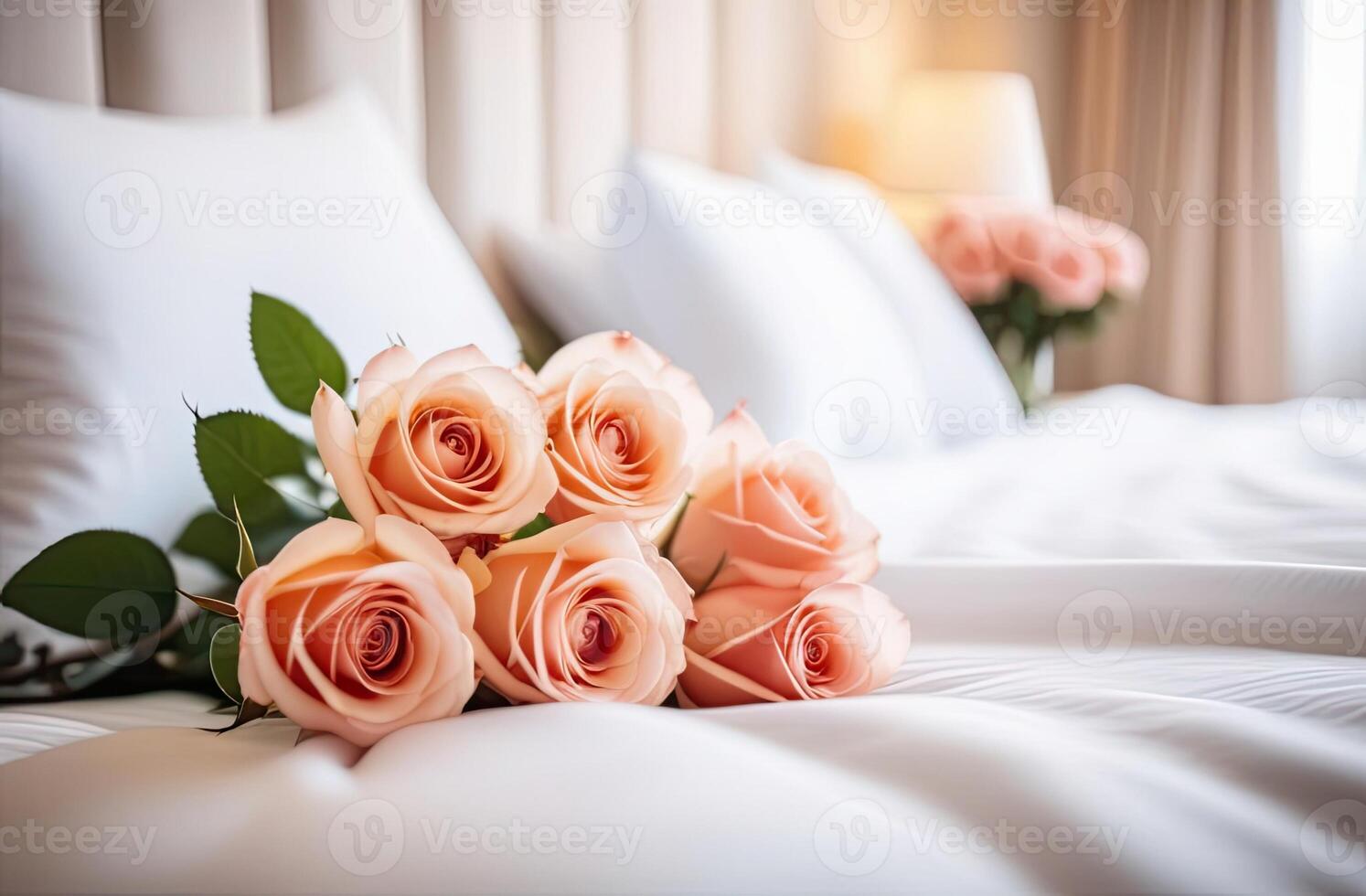 ai generado un ramo de flores de té rosas mentiras en un blanco cama en un brillante dormitorio. un regalo para tu amado, San Valentín día, cumpleaños, fecha. Copiar espacio. ai generado foto