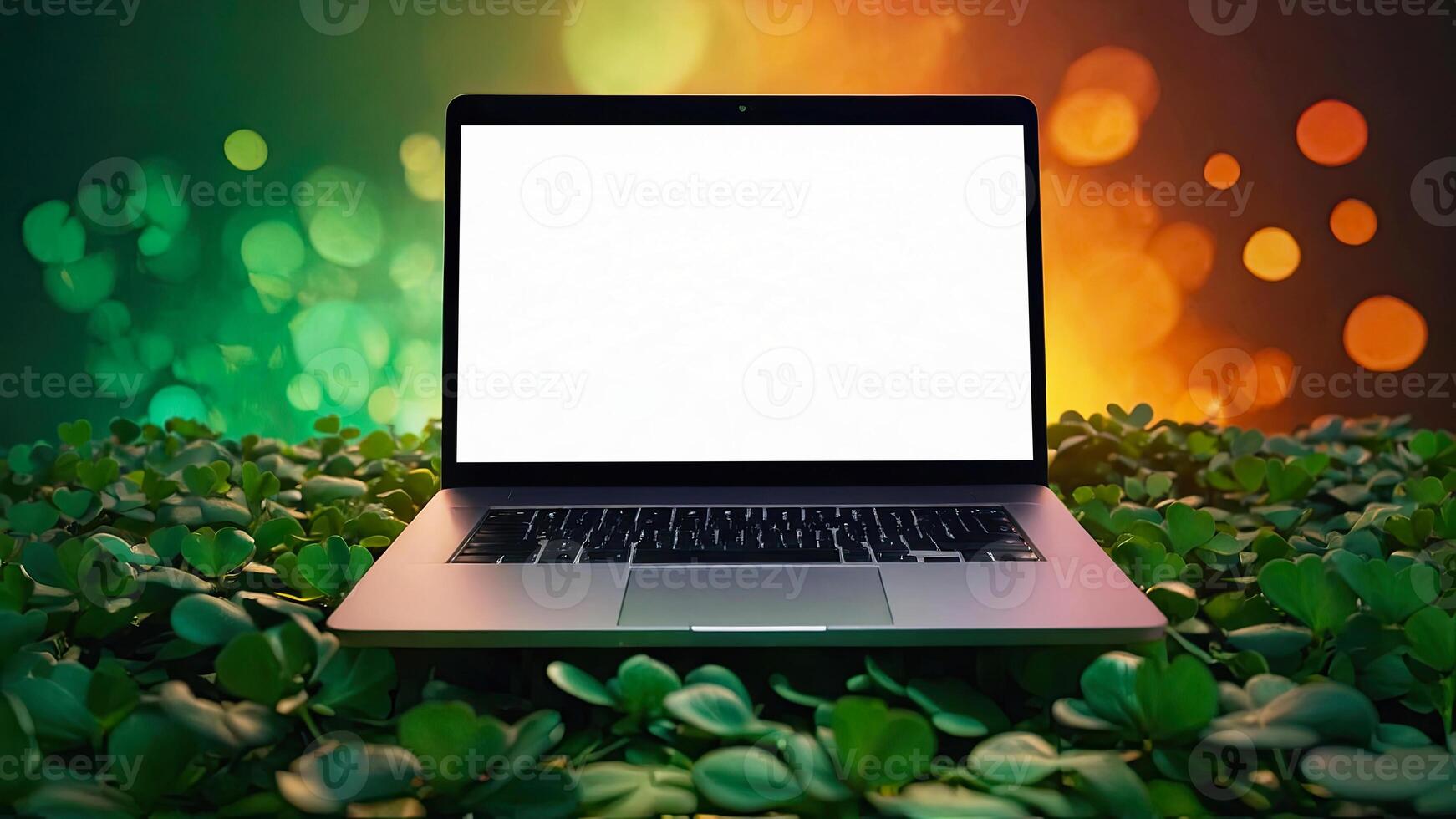 AI generated Laptop with a white blank mock up screen in green clover for St. Patrick's Day. Seasonal remote work, internet, a holiday card, shopping, Luck, green house. AI generated photo