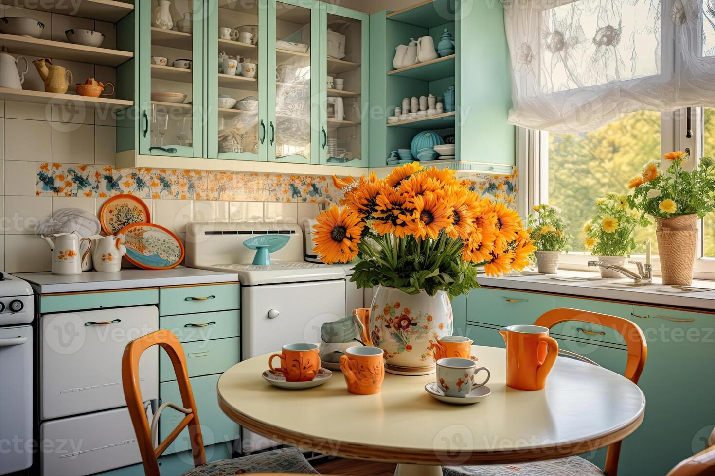 AI generated Spring interior of a modern kitchen with bouquets of flowers - spring time, spring mood. AI generated photo