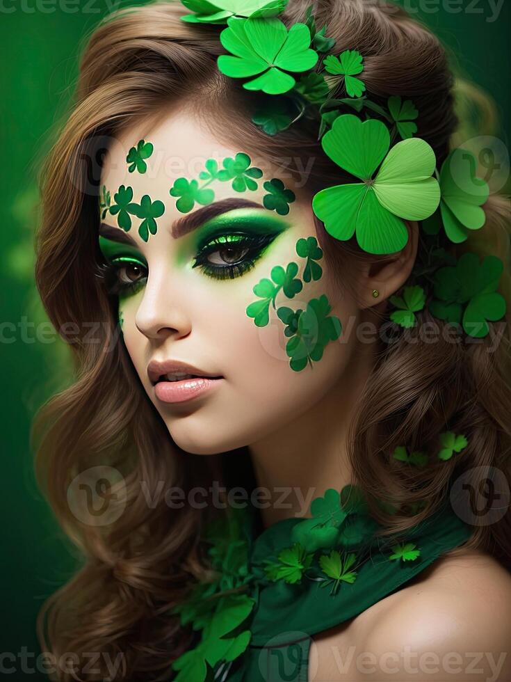 AI generated Makeup and hairstyle of a young woman in green with clover leaves for St. Patrick's Day. Close-up beauty portrait. AI generated photo