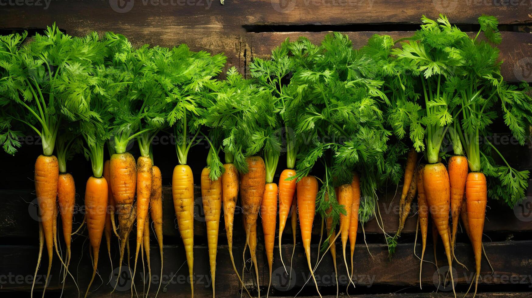 AI generated A ripe harvest of orange carrots in the garden with a ray of sunshine is the autumn harvest of a natural eco-friendly product from your garden. AI generated photo