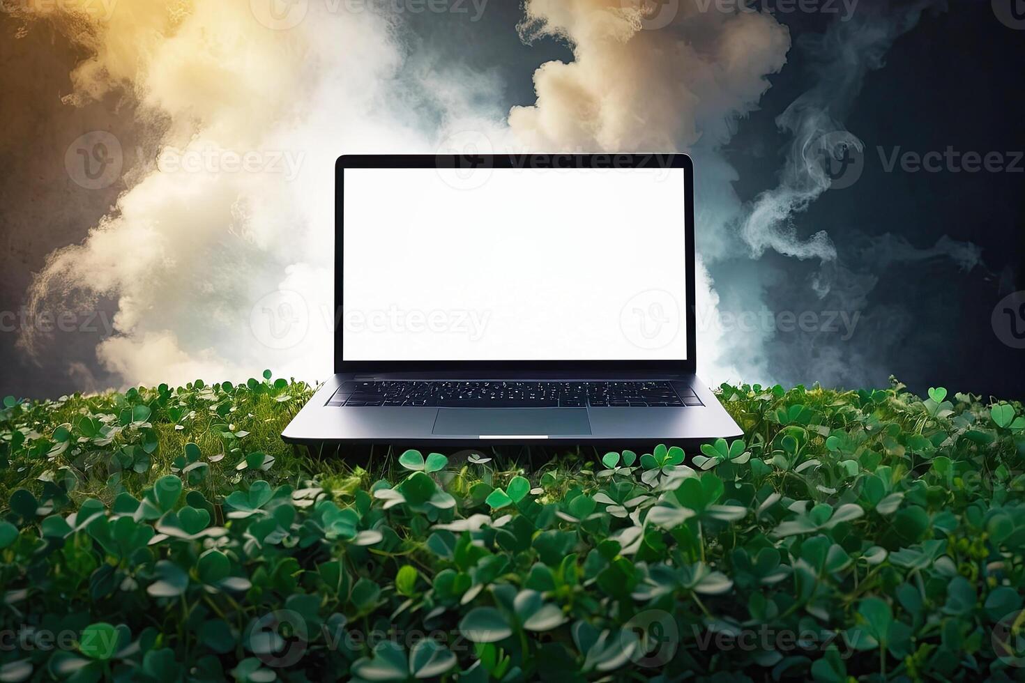 AI generated Laptop with a white blank mock up screen in green clover for St. Patrick's Day. Seasonal remote work, internet, a holiday card, shopping, Luck, green house. AI generated photo