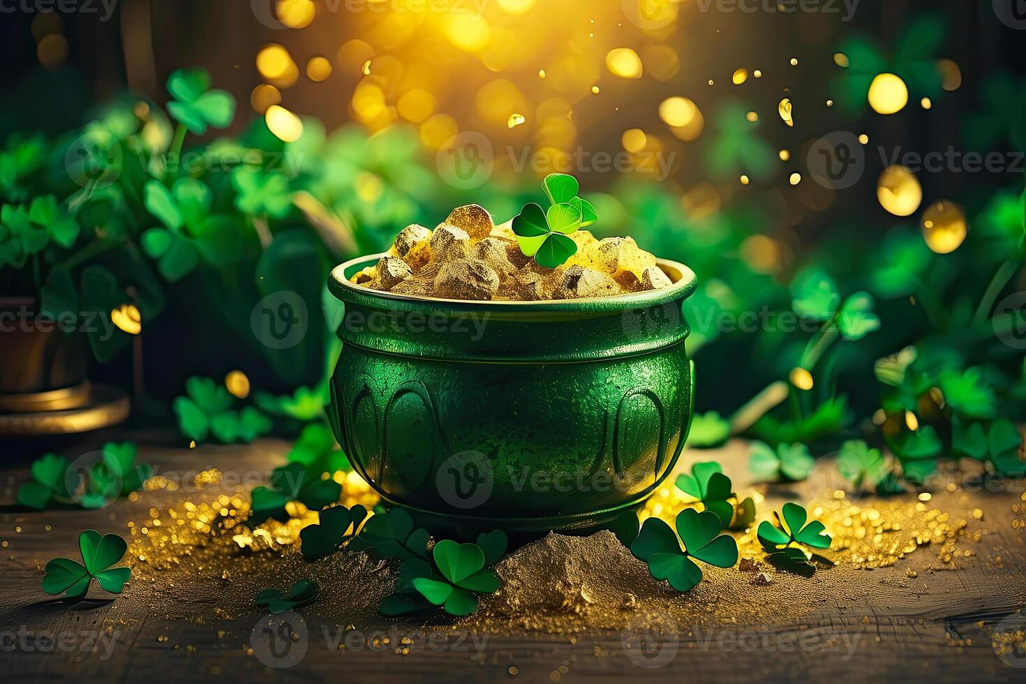 AI generated Background of green clover and gold dust for St. Patrick's Day. Patrick Day Banner. AI generated photo