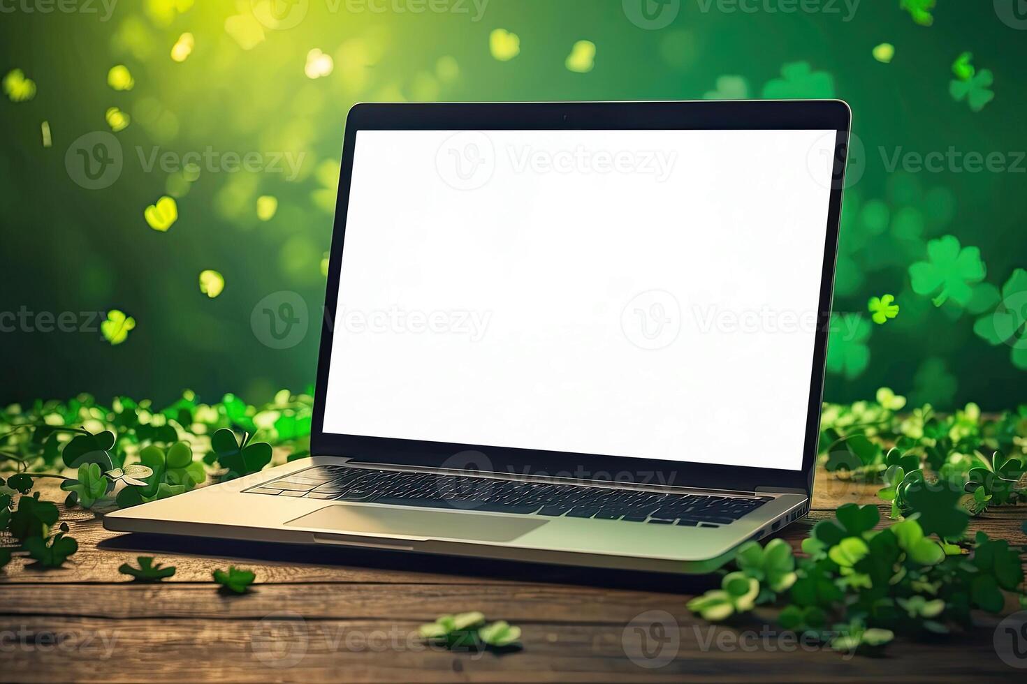AI generated Laptop with a white blank mock up screen in green clover for St. Patrick's Day. Seasonal remote work, internet, a holiday card, shopping, Luck, green house. AI generated photo