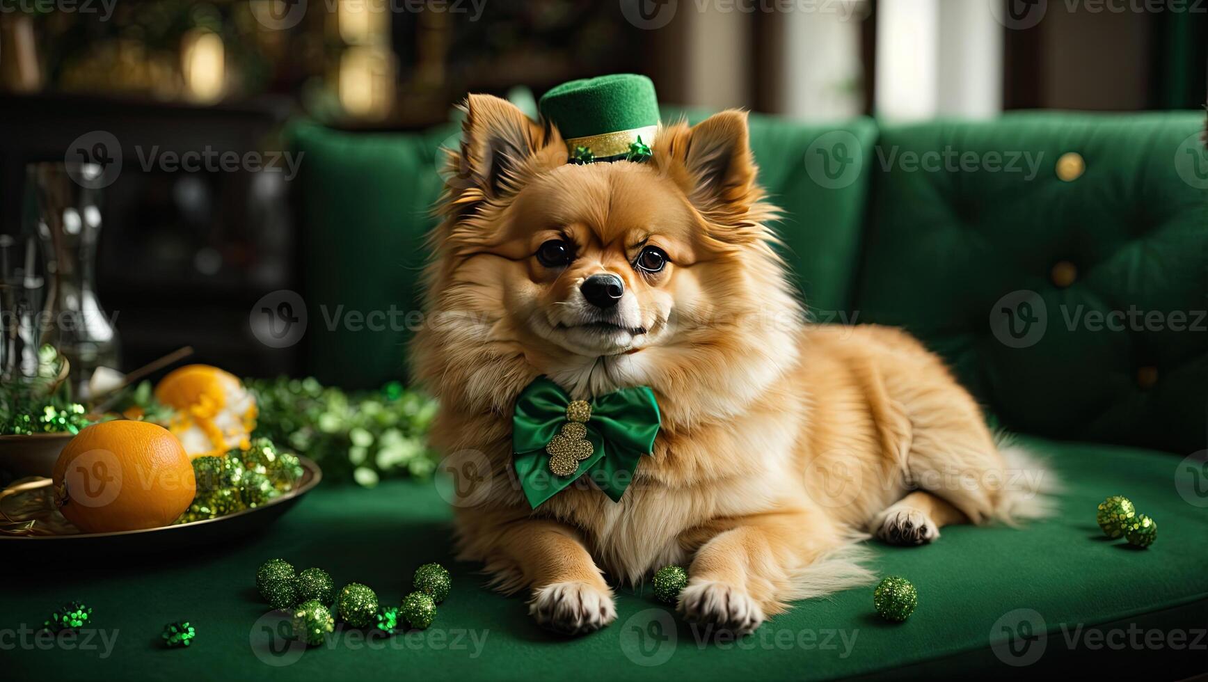 AI generated A ginger dog of the German Spitz breed in a green suit with clover for the St. Patrick's Day holiday. Clothes for small breeds of dogs, party. AI generated photo