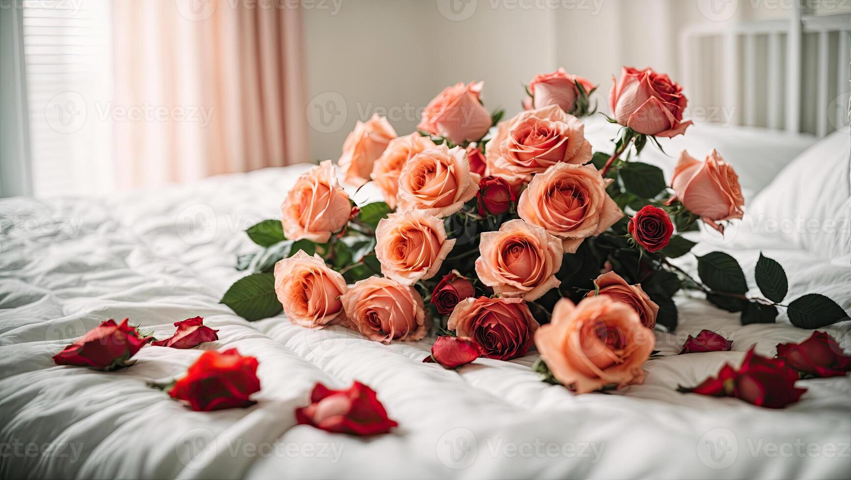 ai generado un ramo de flores de té rosas mentiras en un blanco cama en un brillante dormitorio. un regalo para tu amado, San Valentín día, cumpleaños, fecha. Copiar espacio. foto