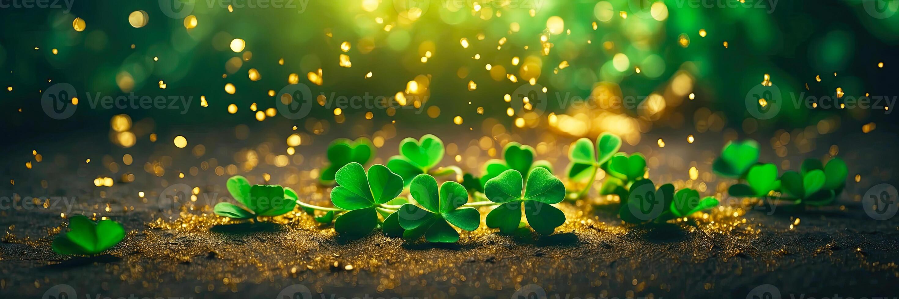 AI generated Background of green clover and gold dust for St. Patrick's Day. Patrick Day Banner. AI generated photo
