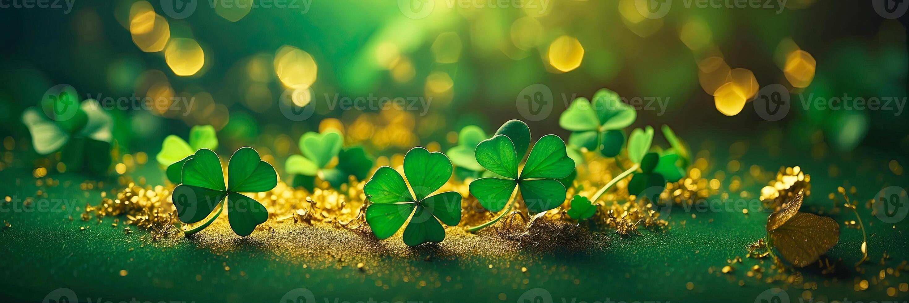 AI generated Background of green clover and gold dust for St. Patrick's Day. Patrick Day Banner. AI generated photo