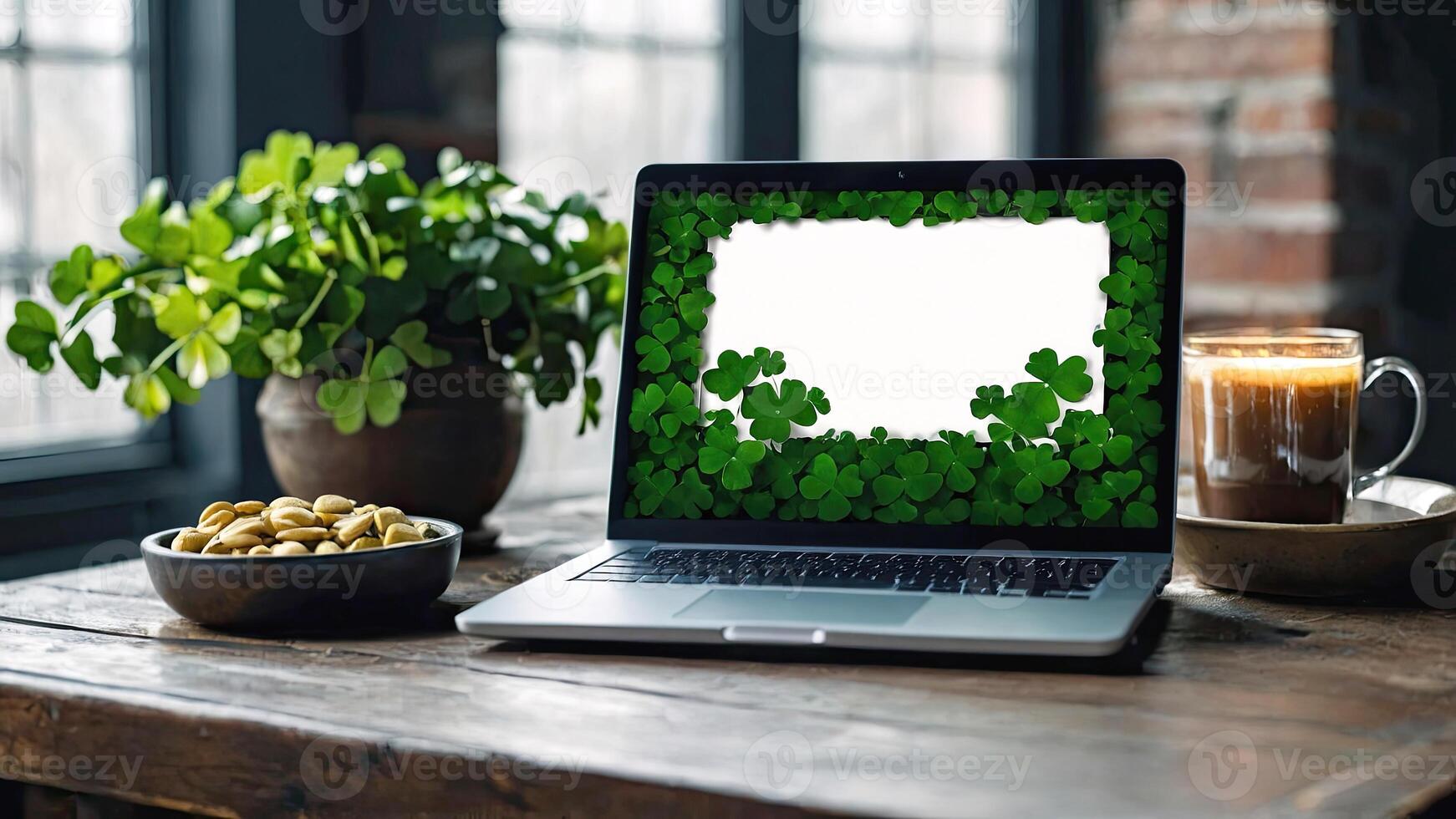 AI generated Laptop with a white blank mock up screen in green clover for St. Patrick's Day. Seasonal remote work, internet, a holiday card, shopping, Luck, green house. AI generated photo