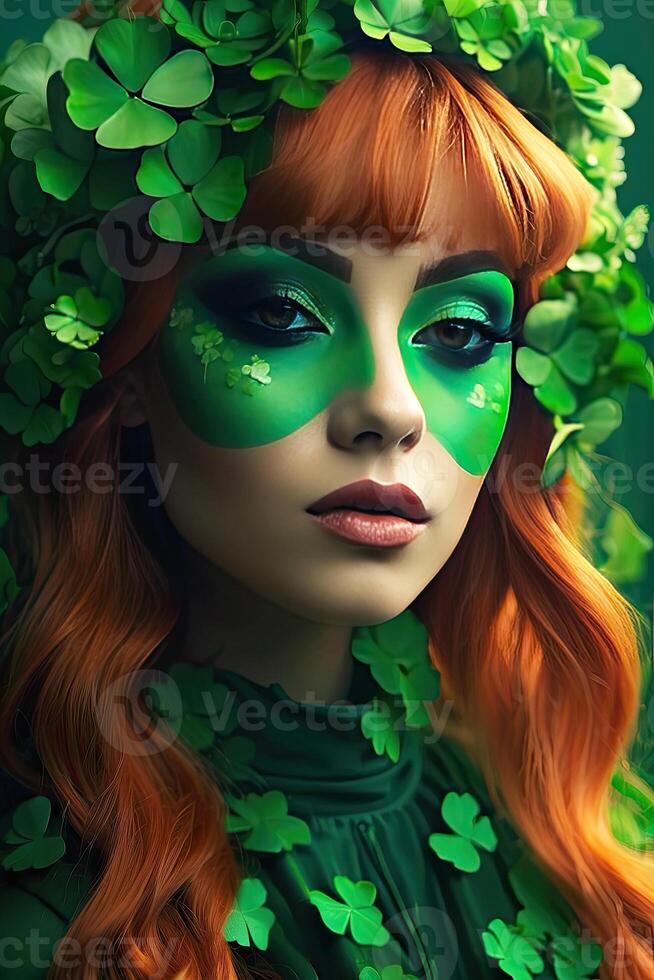 ai generado maquillaje y peinado de un joven mujer en verde con trébol hojas para S t. patrick's día. de cerca belleza retrato. ai generado foto