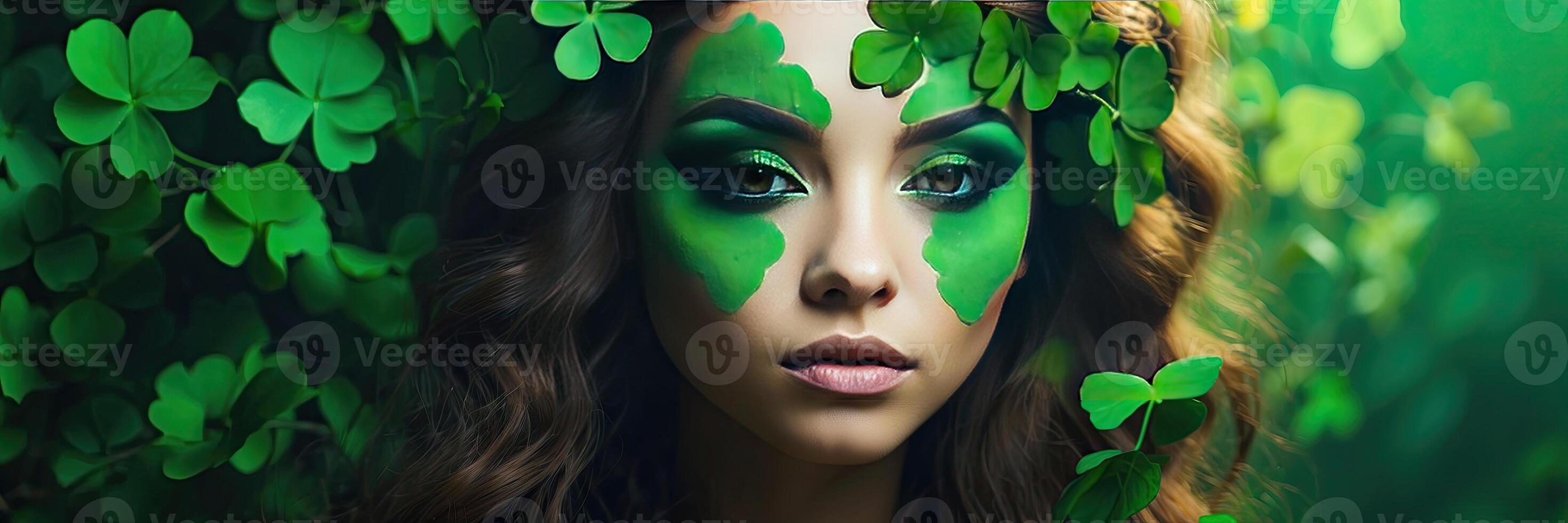 AI generated Makeup and hairstyle of a young woman in green with clover leaves for St. Patrick's Day. Close-up beauty portrait. AI generated photo