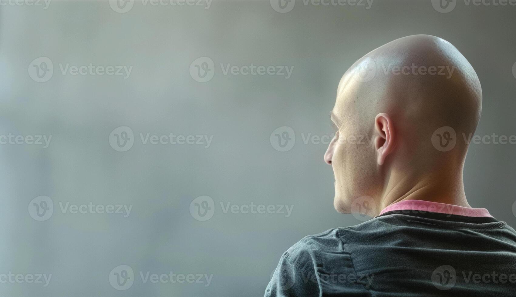 AI generated A man sits with his bald head turned to his side photo