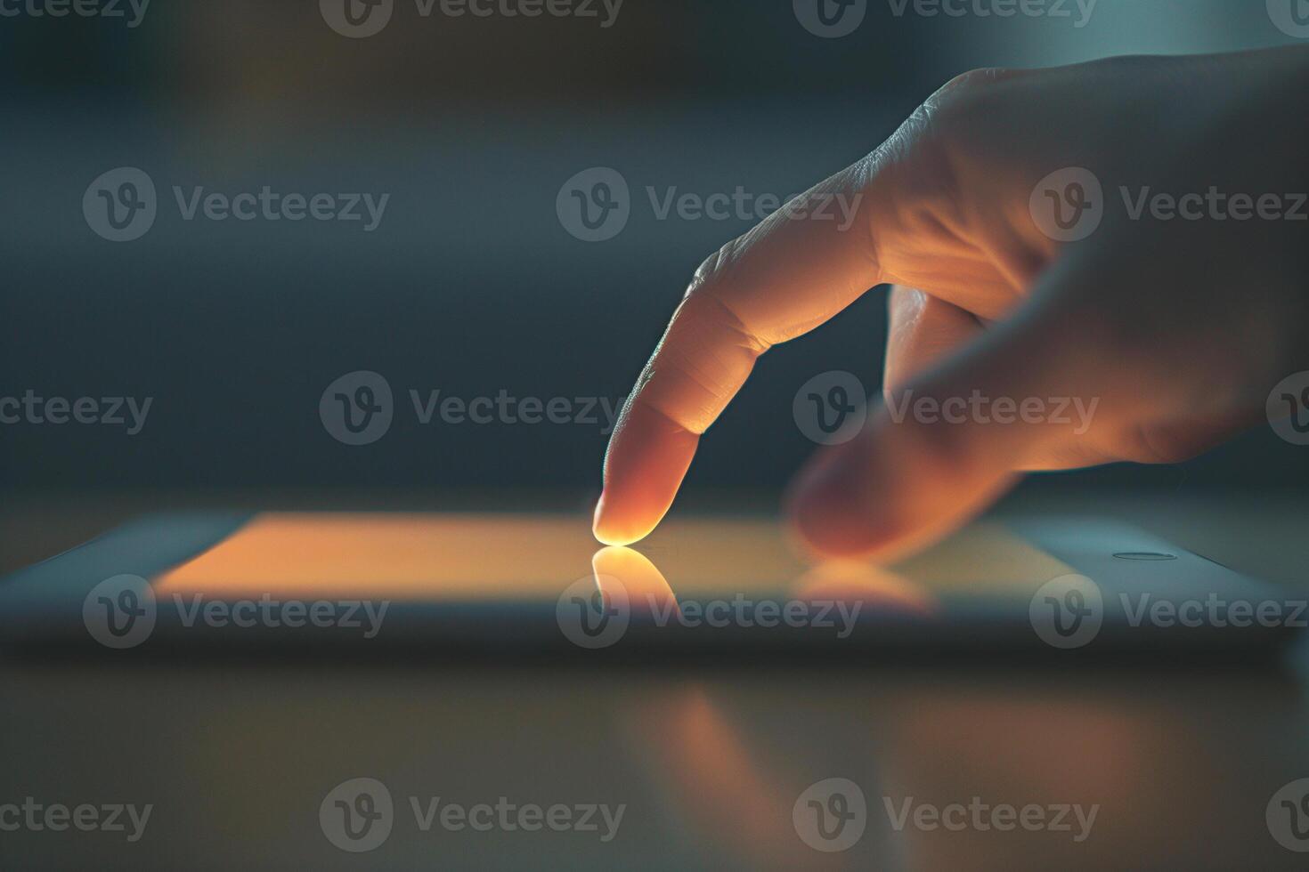 AI generated A close-up human finger touching a tablet screen photo