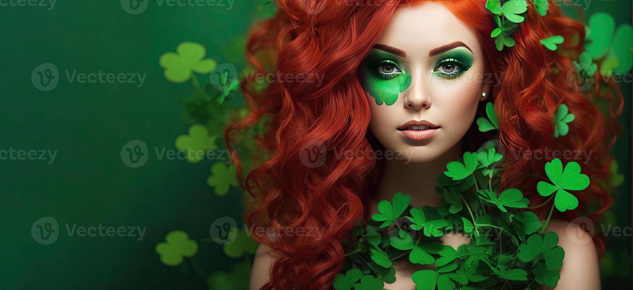 AI generated Makeup and hairstyle of a young woman in green with clover leaves for St. Patrick's Day. Close-up beauty portrait. AI generated photo