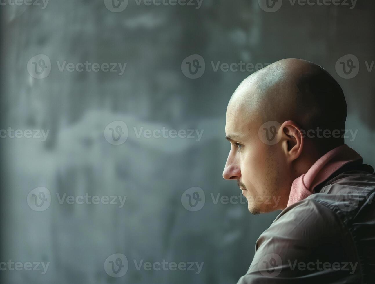 AI generated A man sits with his bald head turned to his side photo