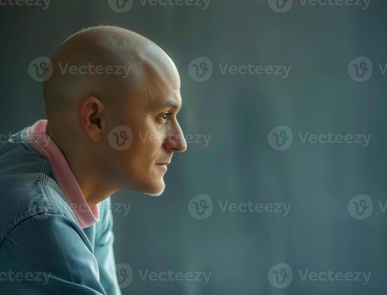 AI generated A man sits with his bald head turned to his side photo