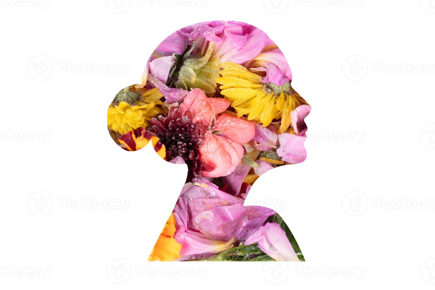 Template of a girl's face in profile with floral texture. Concept of female beauty and health. Symbol of youth photo