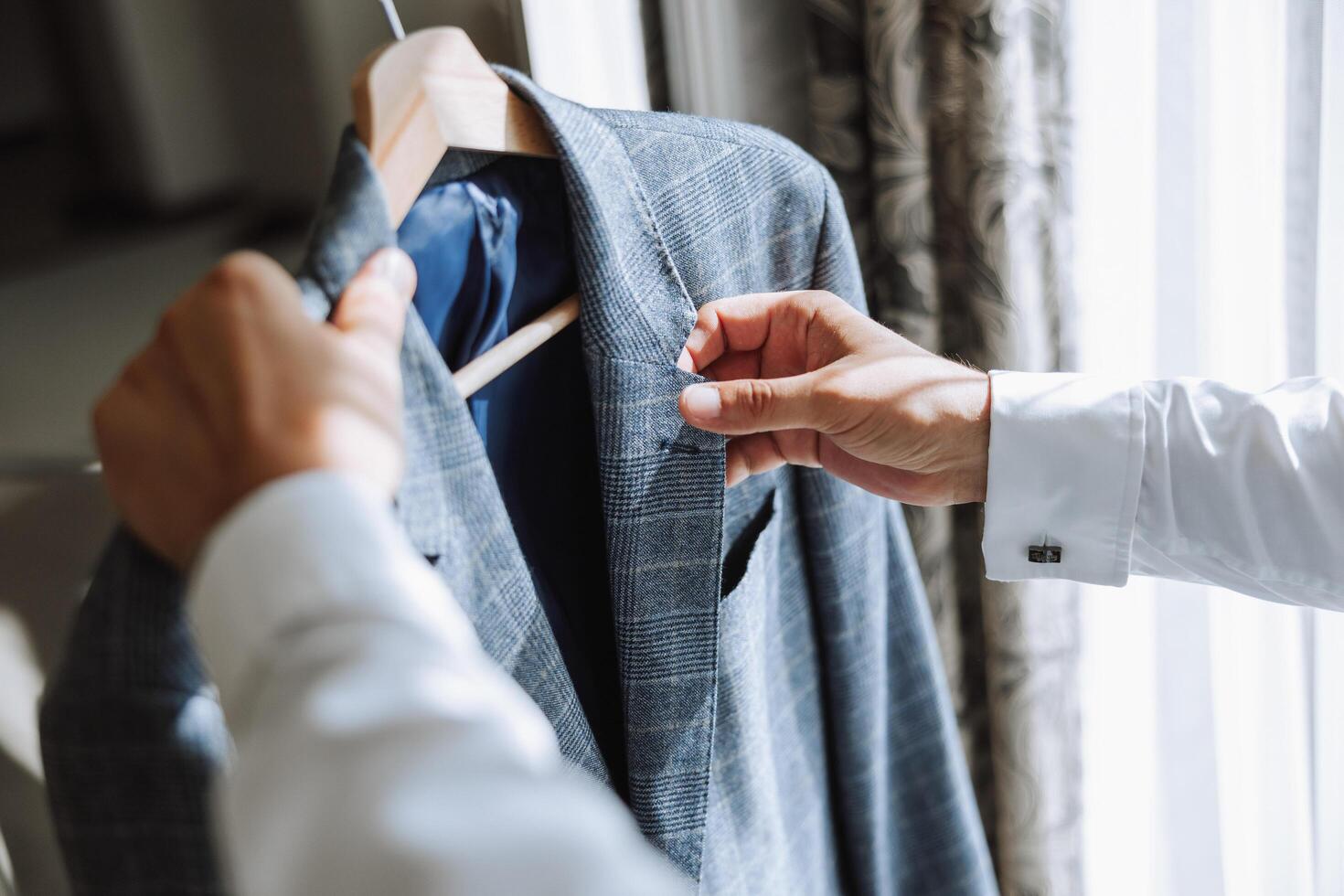 blue men's suit. The man is ready to wear a business suit, white shirt and tie. A blue jacket on a mannequin photo