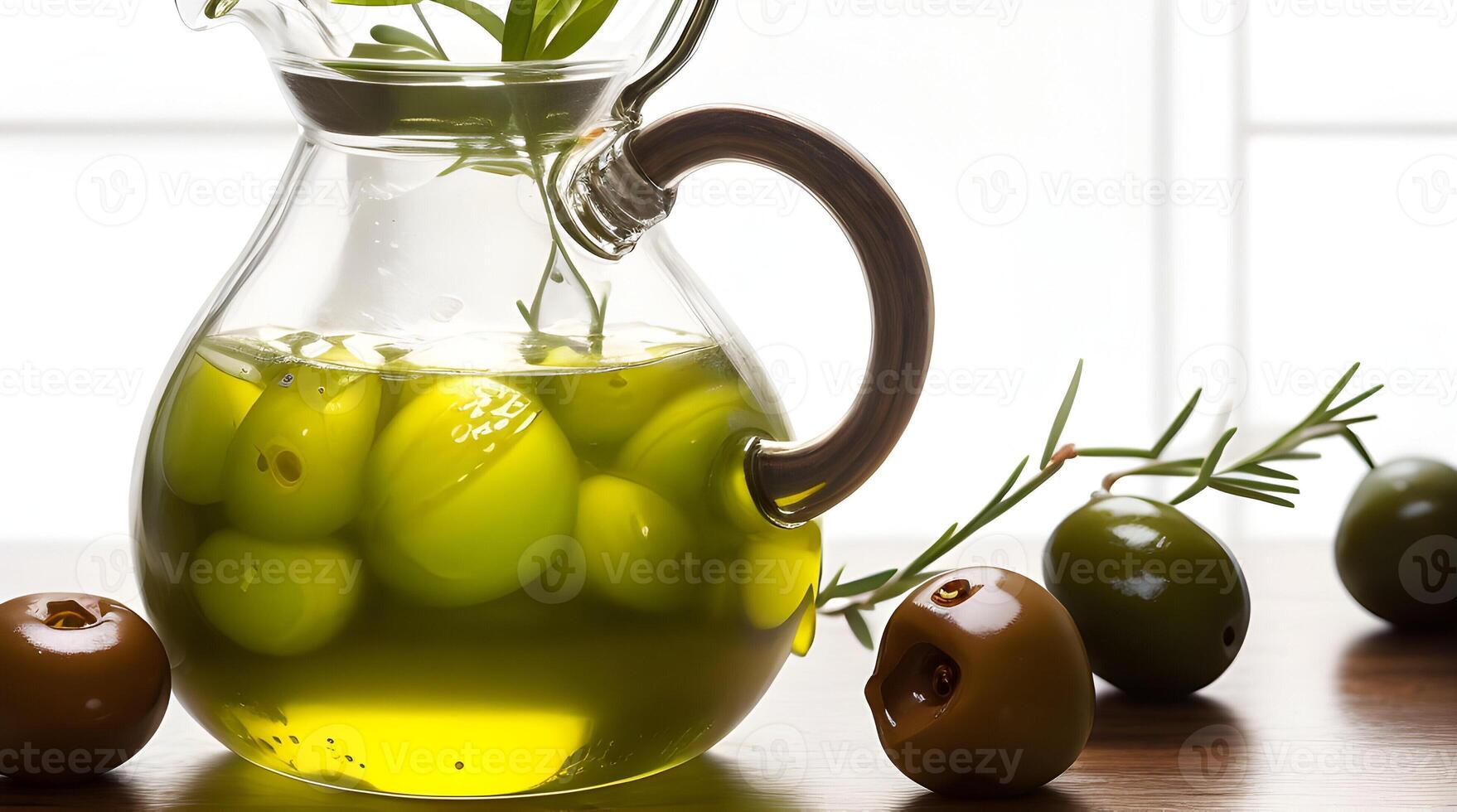 Golden Elixir Unveiled, A Culinary Work of Art with Glass Jug and Fragrant Olive Oil Bottle photo