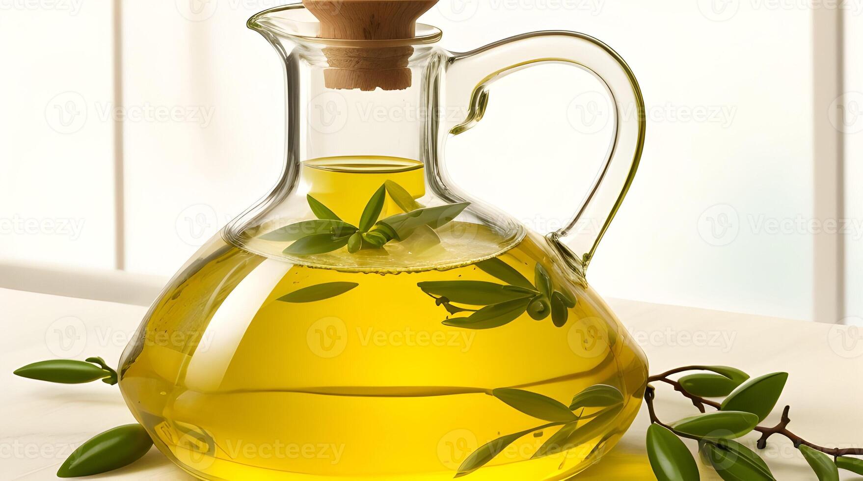 Golden Elixir Unveiled, A Culinary Work of Art with Glass Jug and Fragrant Olive Oil Bottle photo