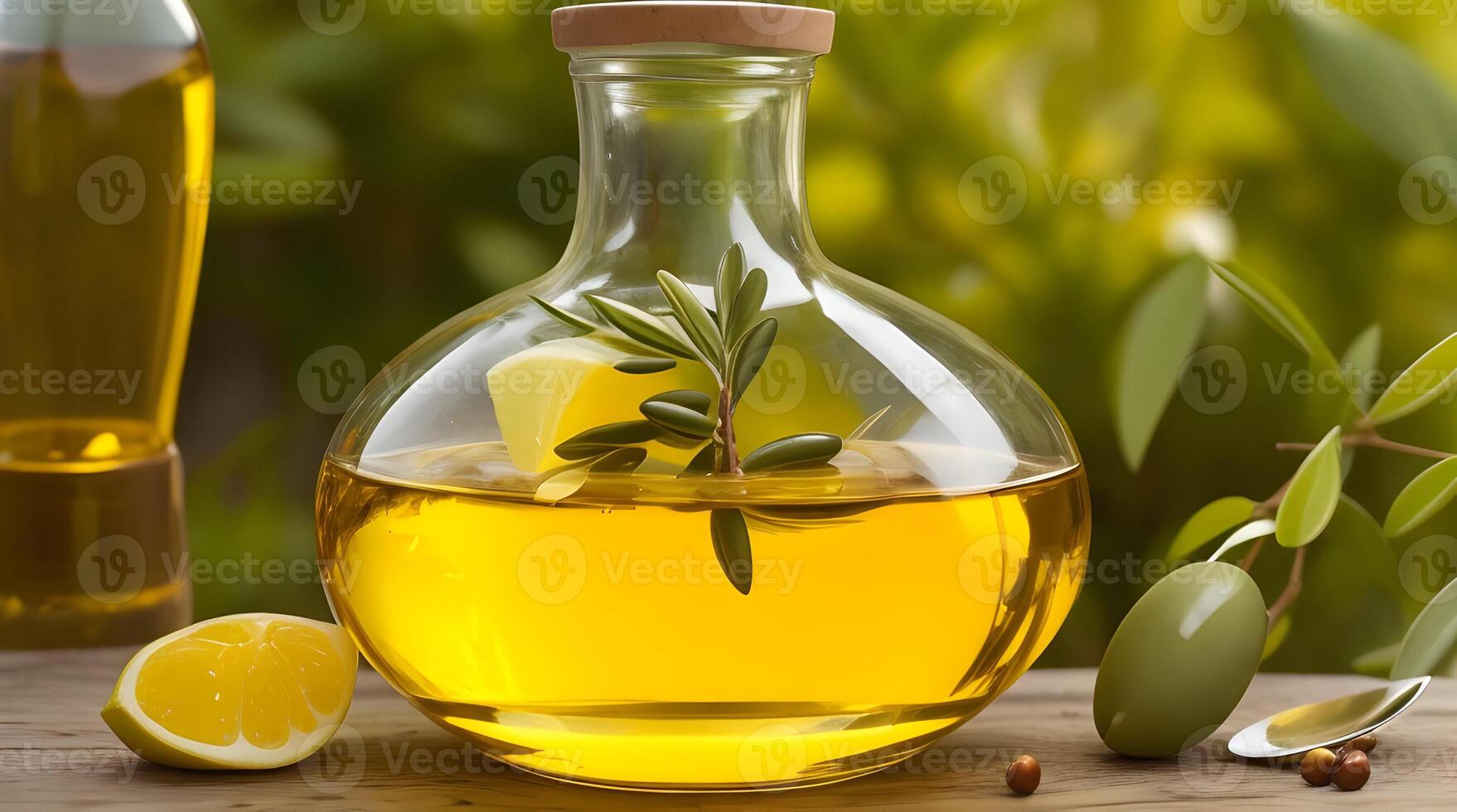 Golden Elixir Unveiled, A Culinary Work of Art with Glass Jug and Fragrant Olive Oil Bottle photo
